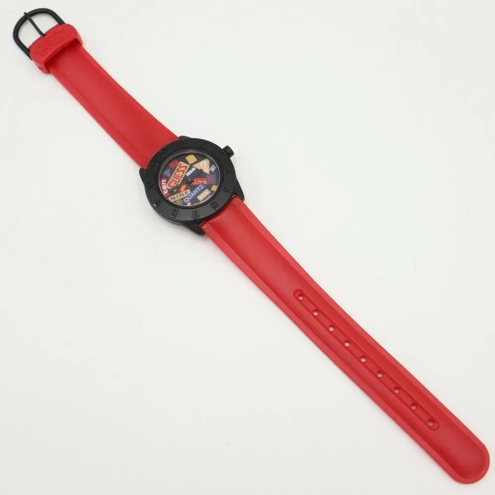 Vintage Guess Watch 30mm Women Retro Art Word Dial 1989 Red Strap w New Battery